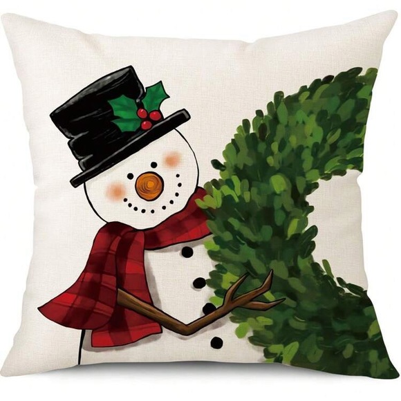 NWT- Set of 4- Holiday Snowman & Santa & Red Christmas Linen Pillow Covers 18x18 - Picture 5 of 9